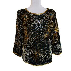 Halston III Silk Beaded Fireworks Blouse Sz S Gold Silver Peacock Disco 70s VTG